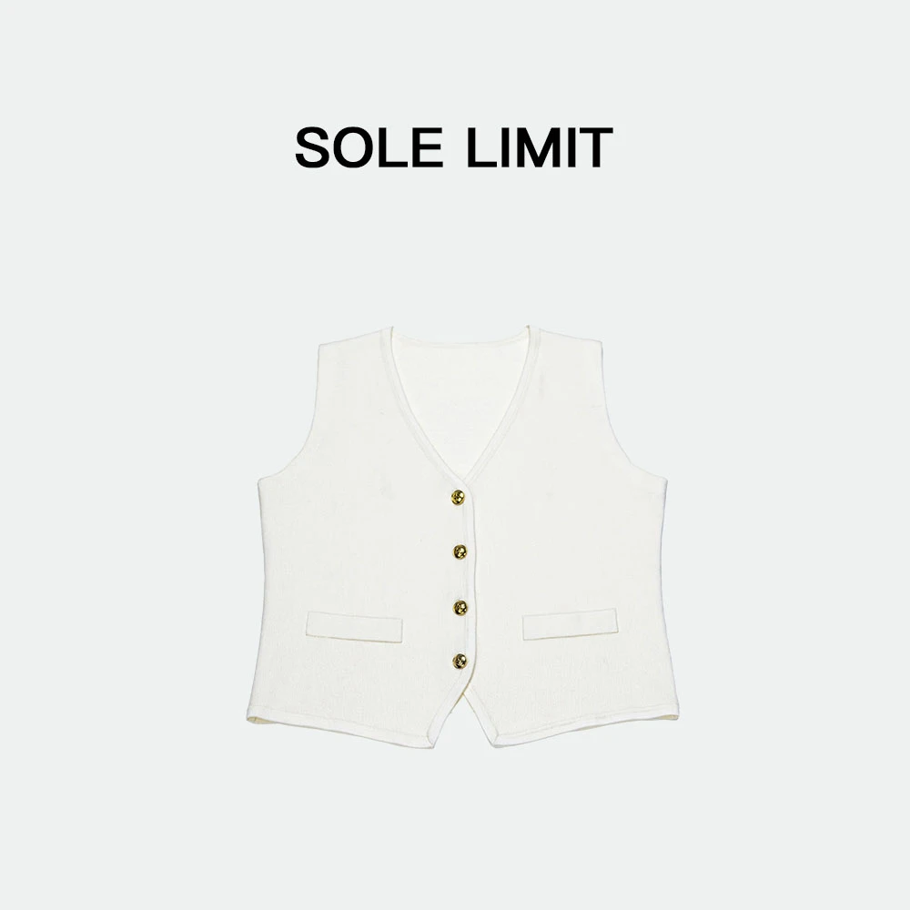 Solelimit白色开衫V领设计干练帅气百搭女士金属扣针织马甲