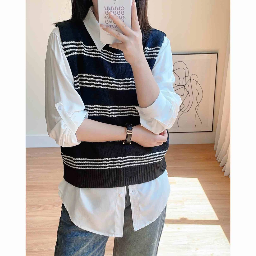 小个子定制短款黑白条纹针织马甲女秋季春秋叠穿背心马夹