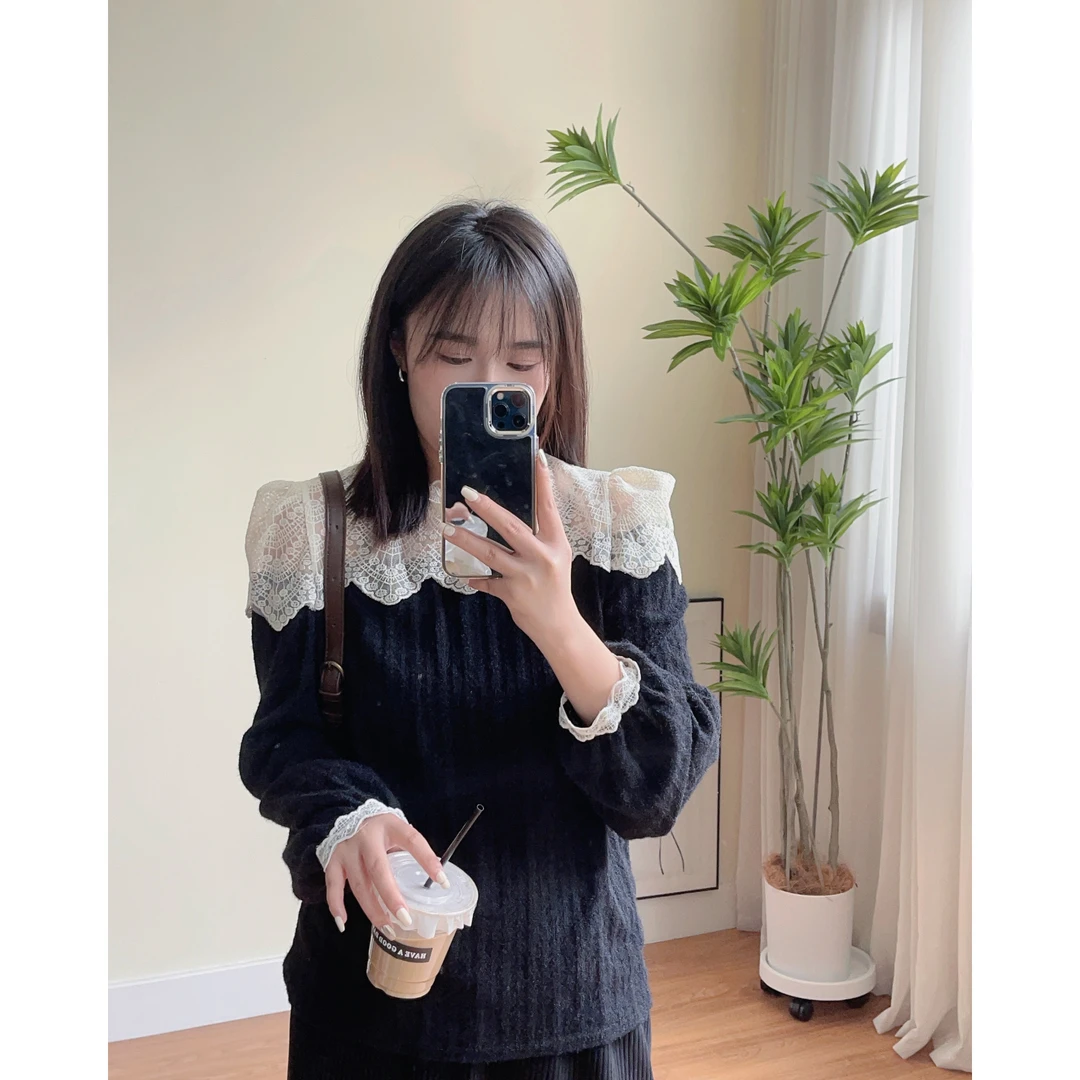 小个子磨毛长袖打底衫女2023春秋新款内搭减龄蕾丝衫