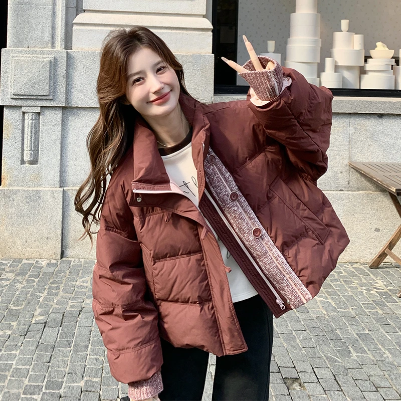 复古红色小香风短款羽绒服女冬季新款立领小个子加厚90白鸭绒外套