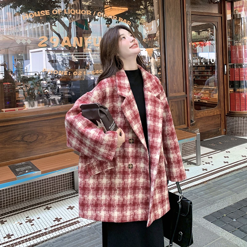 红色格纹高级感西装毛呢外套女2025冬新款洋气减龄小个子呢子大衣