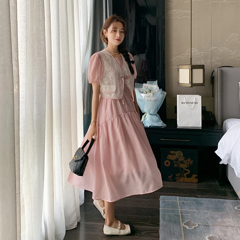 法式甜美假两件连衣裙女2024夏季新款今年流行气质小个子初恋长裙