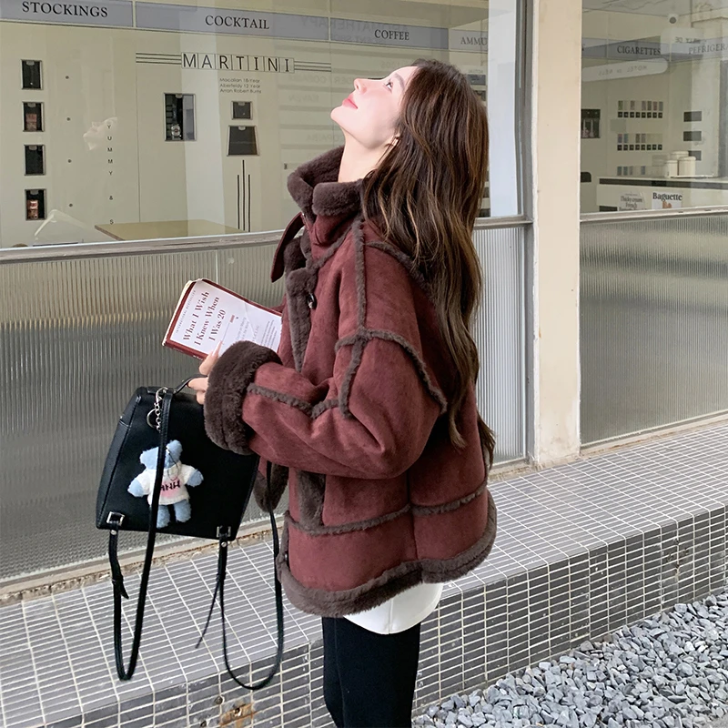 红棕色复古韩版麂皮绒皮毛一体羊羔毛短外套女冬季新款小个子加厚