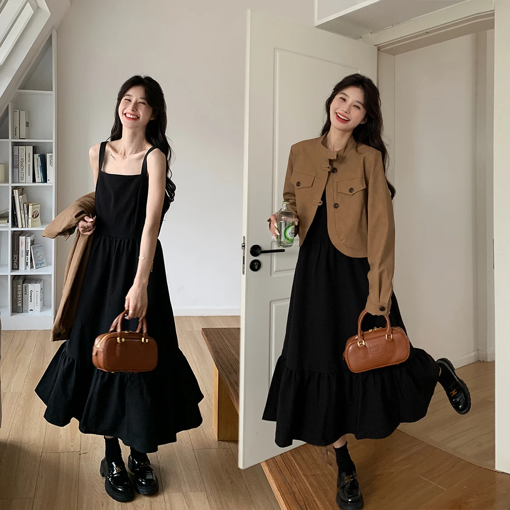 美拉德短外套连衣裙套装女早春盐系穿搭高级感气质显瘦长裙两件套