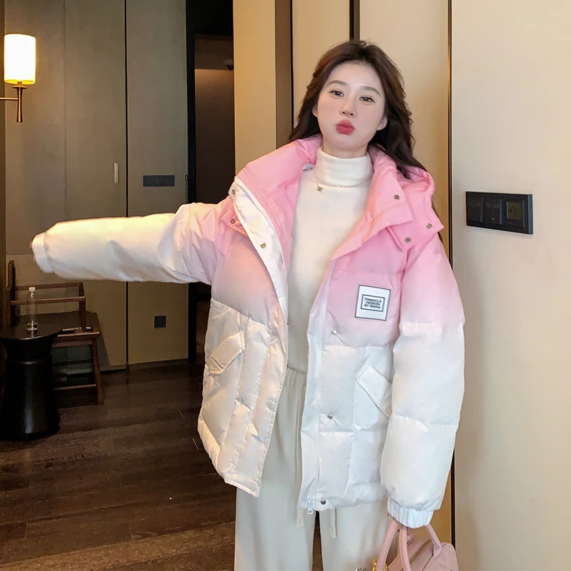 粉色渐变短款羽绒服女冬季2025新款时尚设计感90白鸭绒面包服外套