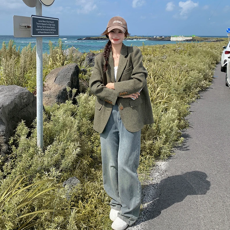 绿色氛围感超好看羊毛呢西装外套女2025春季新款韩版气质休闲西服