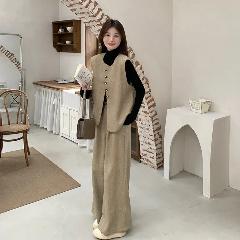 卡其色小香风马甲长裤套装女春季轻奢高级感穿搭休闲阔腿裤两件套