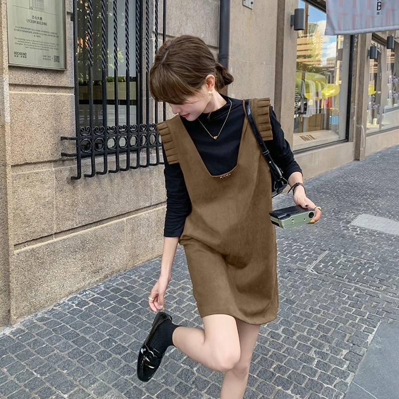 美拉德鹿皮绒背带连衣裙套装女2024秋新款独特绝美洋气减龄两件套