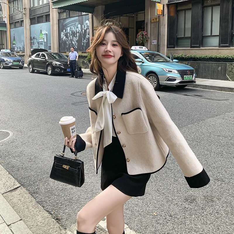 撞色翻领小香风双面羊毛毛呢外套女短款小个子高级感法式羊毛呢子