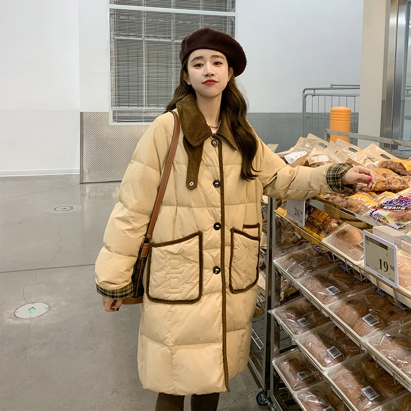 卡其色羽绒服冬季女2025新款韩系设计感拼接中长款90白鸭绒厚外套