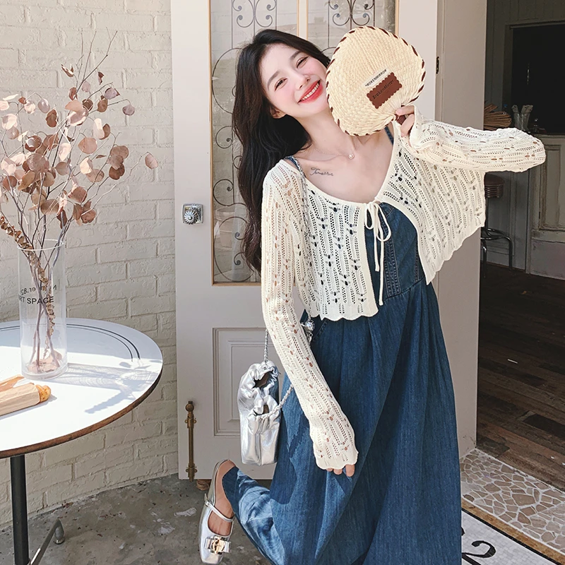 复古港风牛仔吊带裙子套装春秋女高腰镂空开衫温柔显瘦宽松连衣裙
