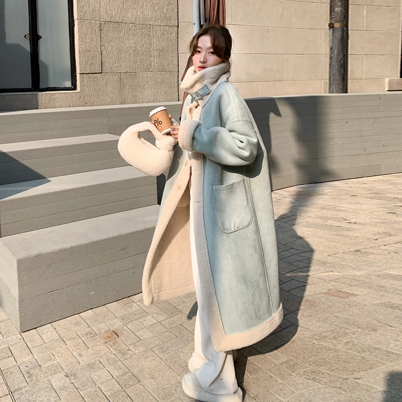 蓝色两面穿皮毛一体大衣女2025冬季新款加绒加厚中长款羊羔毛外套
