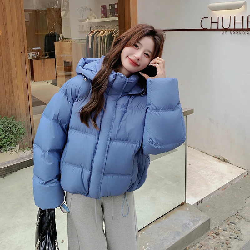 独特超好看蓝色撞色羽绒服女短款2024冬季新款连帽90白鸭绒面包服