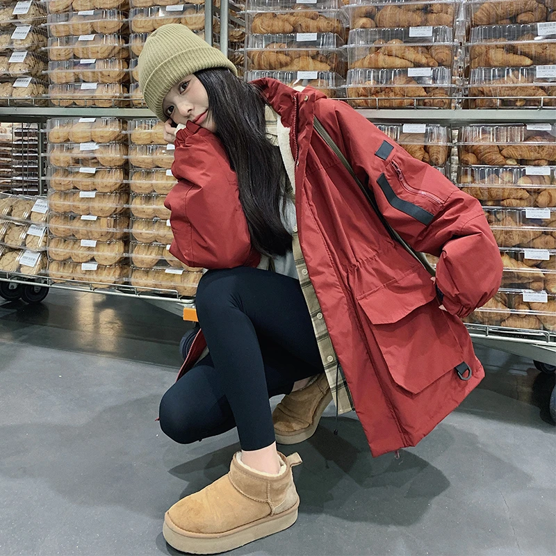 红色加绒加厚工装抽绳派克服女2024冬新款小个子短款韩版棉衣外套