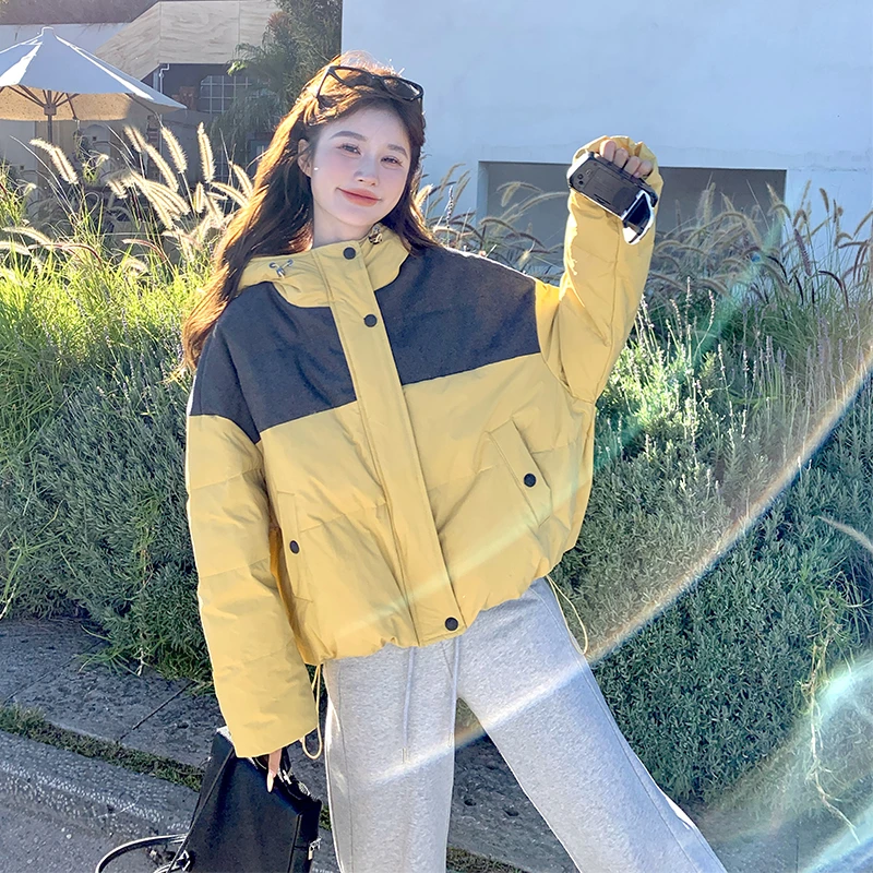 黄色短款白鸭绒羽绒服女冬2024新款小个子时尚洋气减龄拼接面包服