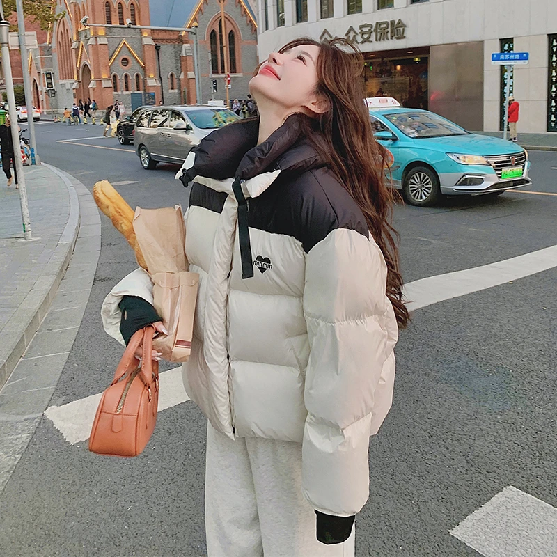 撞色羽绒服2024新款韩系时尚休闲小个子超好看女士冬季加厚面包服