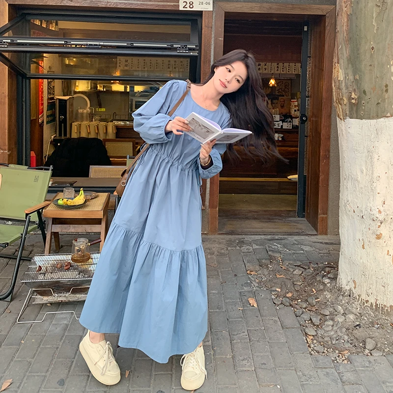 桔梗森系衬衫长裙女2024秋季新款文艺甜美收腰抽褶显瘦宽松连衣裙