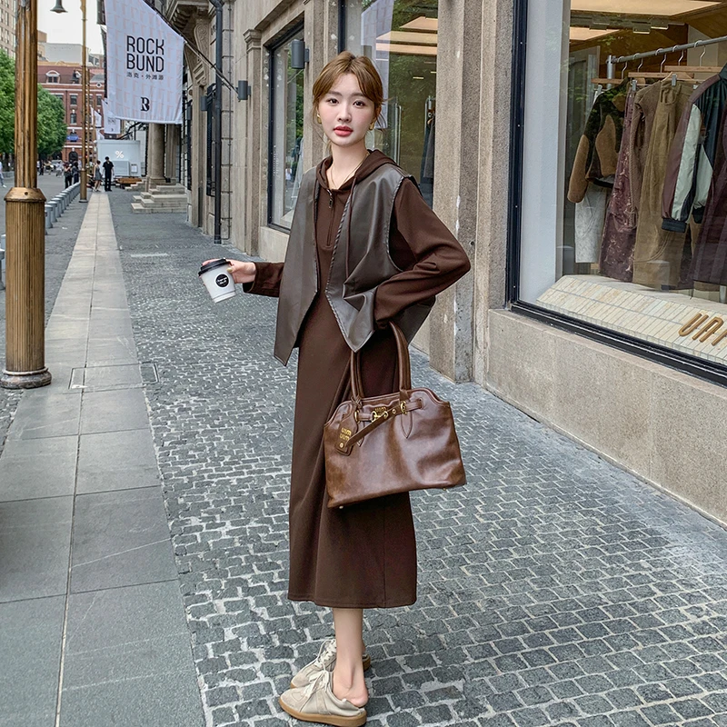 韩系皮马甲连帽卫衣连衣裙套装女2025春季新款穿搭宽松长裙两件套