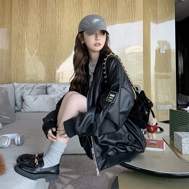 黑色PU皮外套女春秋2023新款韩版宽松炸街设计感休闲机车网红夹克