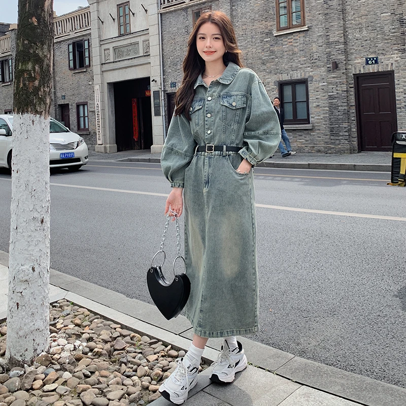 港风复古牛仔宽松连衣裙女秋季小个子减龄韩版设计感长袖衬衫裙子