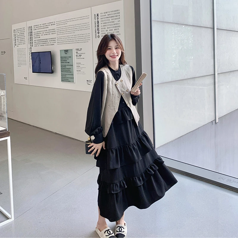 黑色荷叶边设计感连衣裙女2025春季新款复古返潮穿搭马甲两件套装