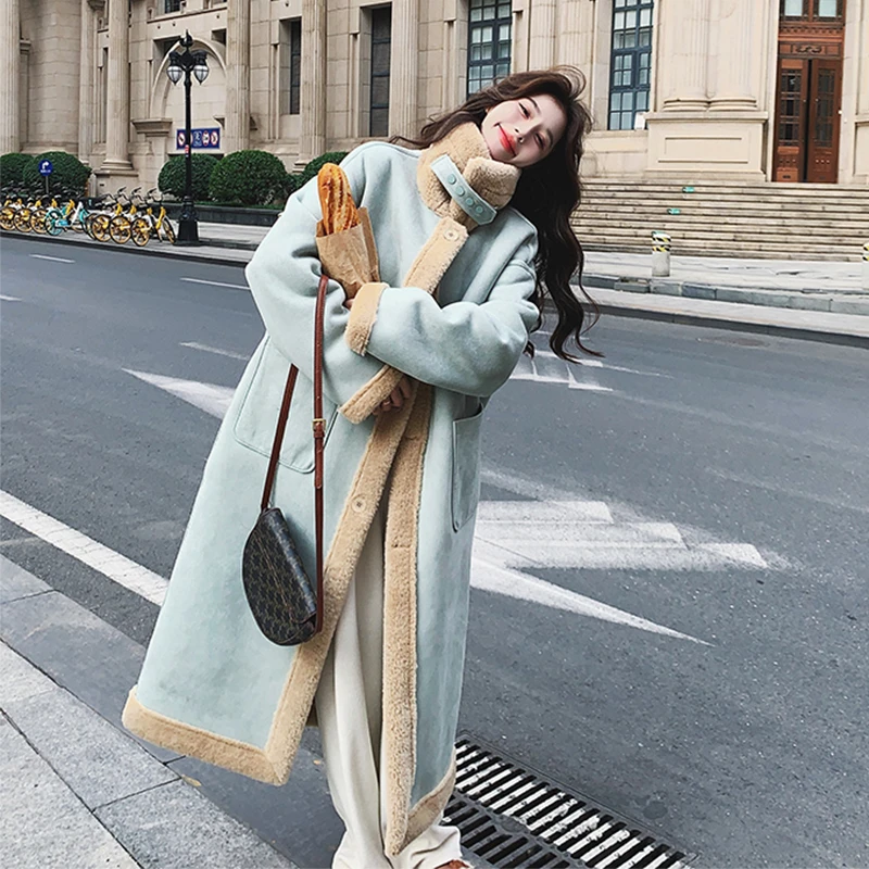 蓝色高级感两面穿羊羔毛外套女2025冬装新款加厚皮毛一体过膝棉服