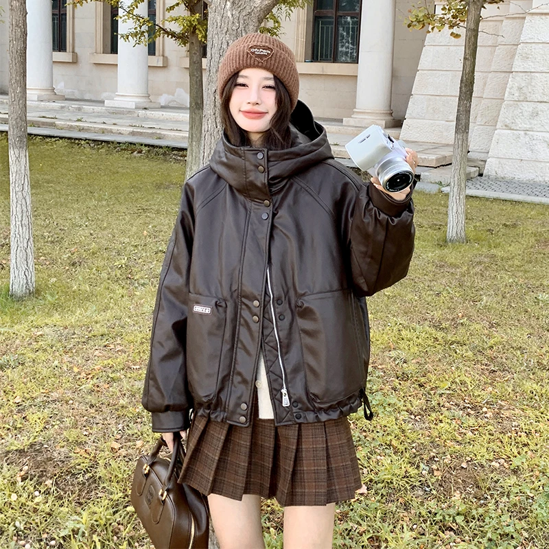 港风复古小个子90白鸭绒皮衣外套女2024冬季新款连帽夹克羽绒服