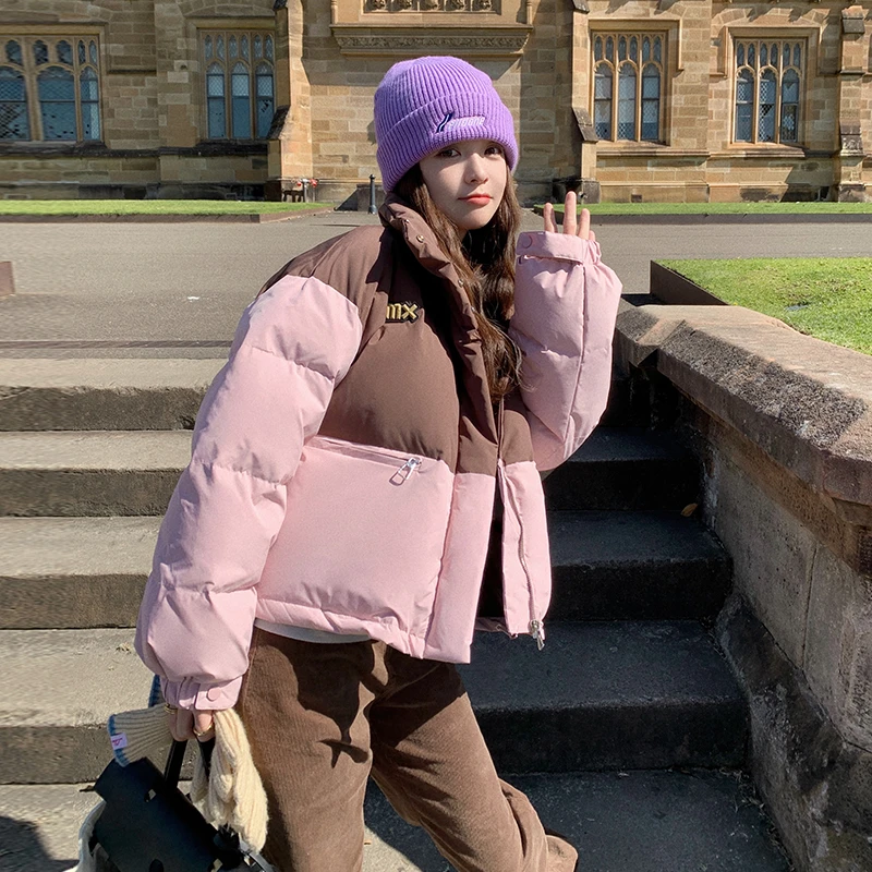 拼色立领短款羽绒服女冬季2025新款小个子学院风加厚90白鸭绒外套