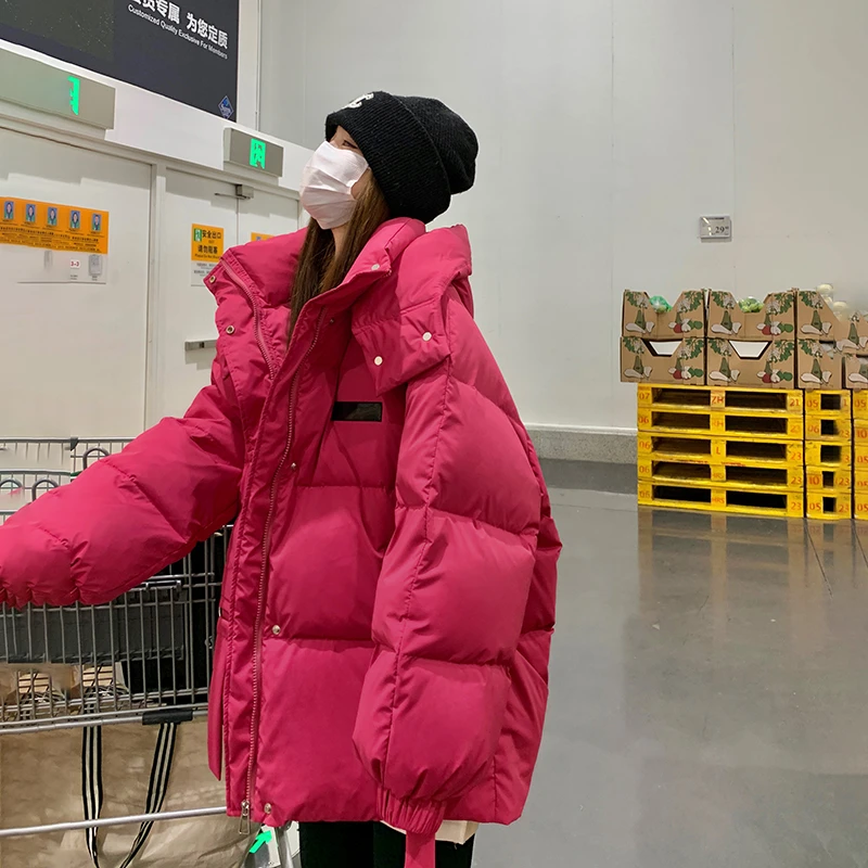 火龙果色羽绒服女冬季2025新款韩系宽松超好看面包服保暖加厚外套