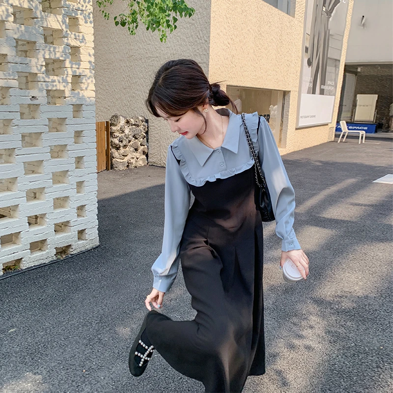 韩系蓝色撞色拼接衬衫裙女2025新款氛围感甜美减龄气质显瘦连衣裙