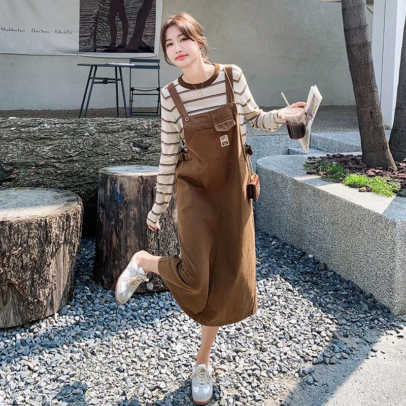 美式复古背带裙套装女秋季新款小众设计条纹打底中长款宽松连衣裙