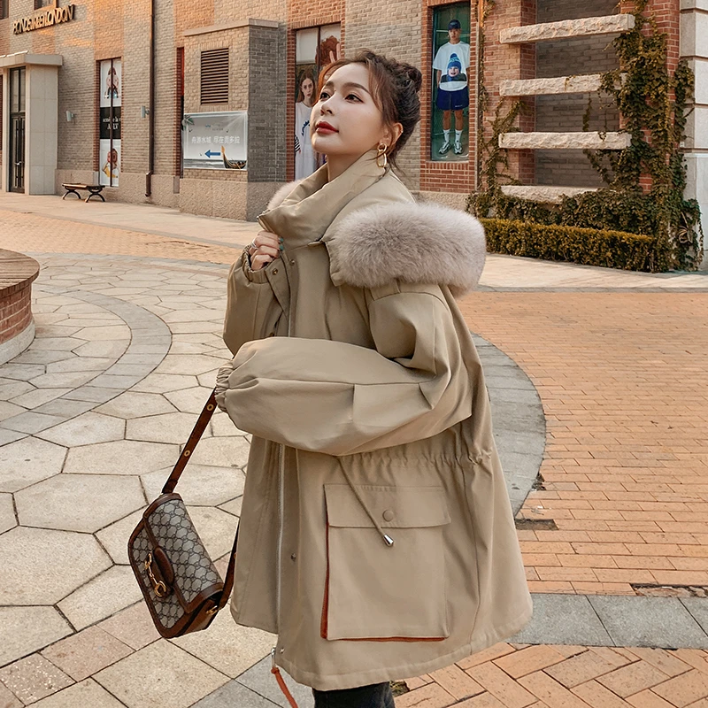 工装派克服加绒加厚外套女2025冬季新款中长款小个子收腰宽松棉服