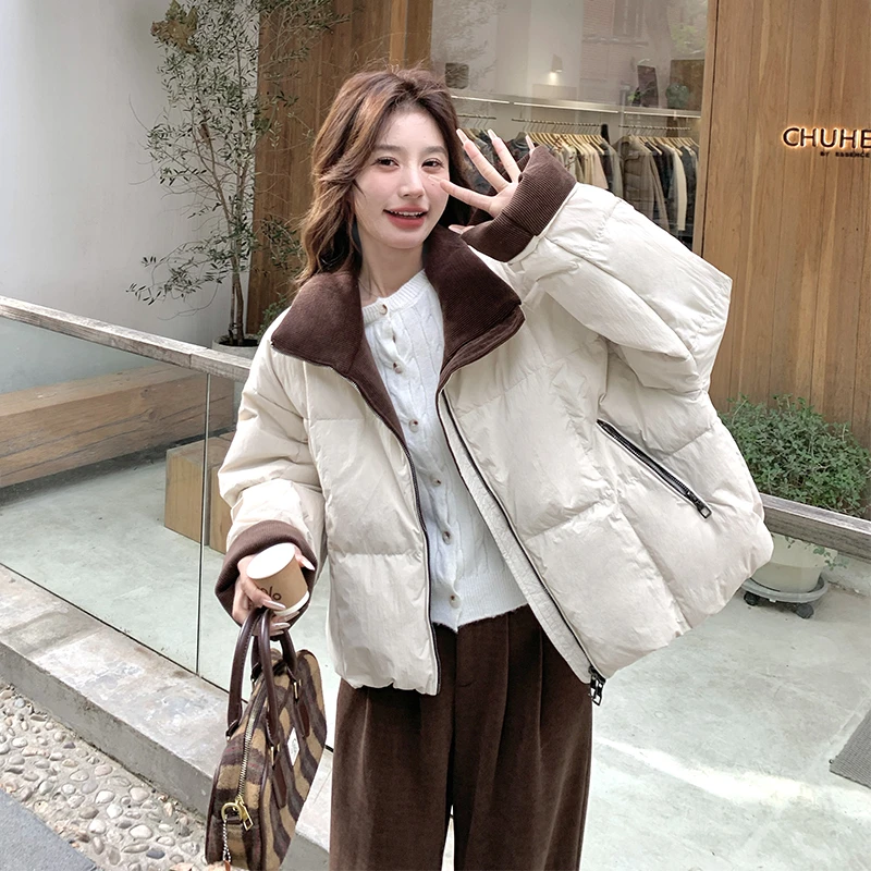 灯芯绒拼接羽绒服2025冬季新款韩系宽松显瘦保暖面包服白鸭绒外套