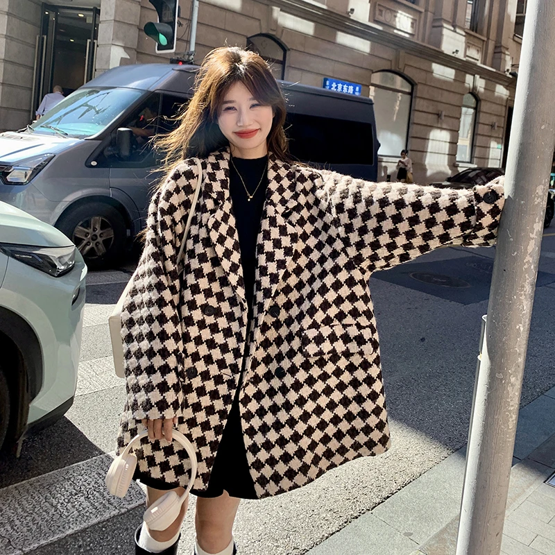 咖色格子毛呢加厚外套女2025秋冬新款高级感宽松小个子短款呢大衣