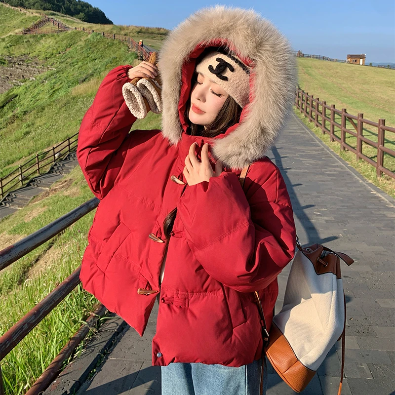 红色超好看大毛领羽绒服外套女冬新款小个子加厚短款白鸭绒面包服