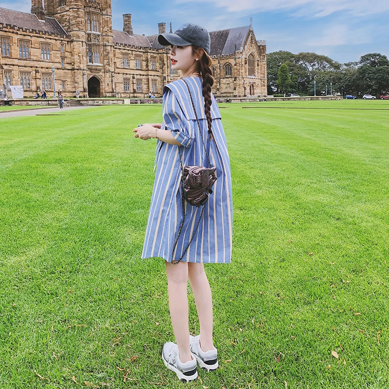 海军领衬衫连衣裙女夏季2025新款小清新减龄休闲度假风条纹直筒裙