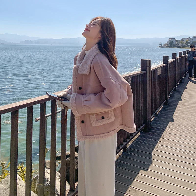 粉色羊羔毛皮毛一体外套女2024冬季新款韩系减龄加厚显瘦保暖棉衣