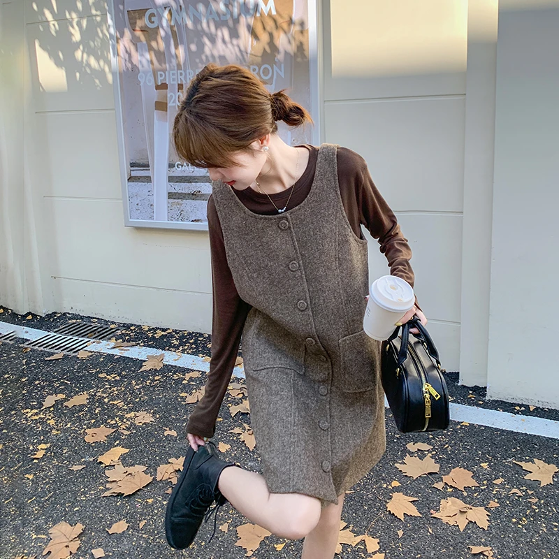 咖色韩系小香风毛呢背心裙套装女2025春秋新款打底衫连衣裙两件套