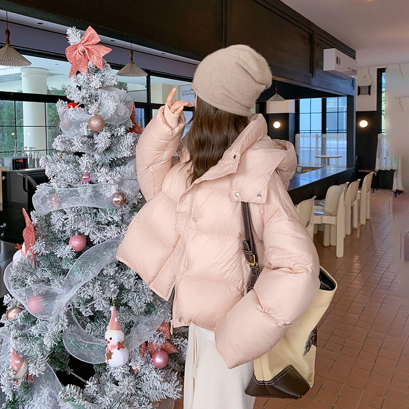 粉色鹅绒羽绒服女2024冬季新款今年流行小个子加厚短款面包服外套