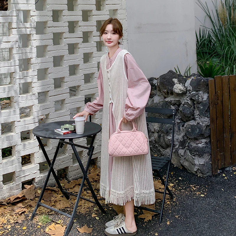 粉色衬衫连衣裙叠穿套装女2025春新款法式流苏镂空罩衫长裙一整套