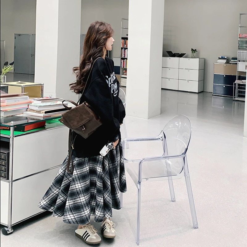 格纹拼接假两件休闲卫衣连衣裙女2025早秋新款韩系超好看宽松长裙