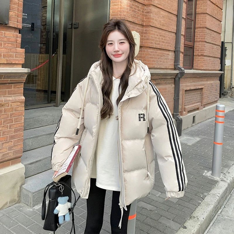 米白色连帽羽绒服冬季女2025新款韩系学院风加厚短款白鸭绒外套