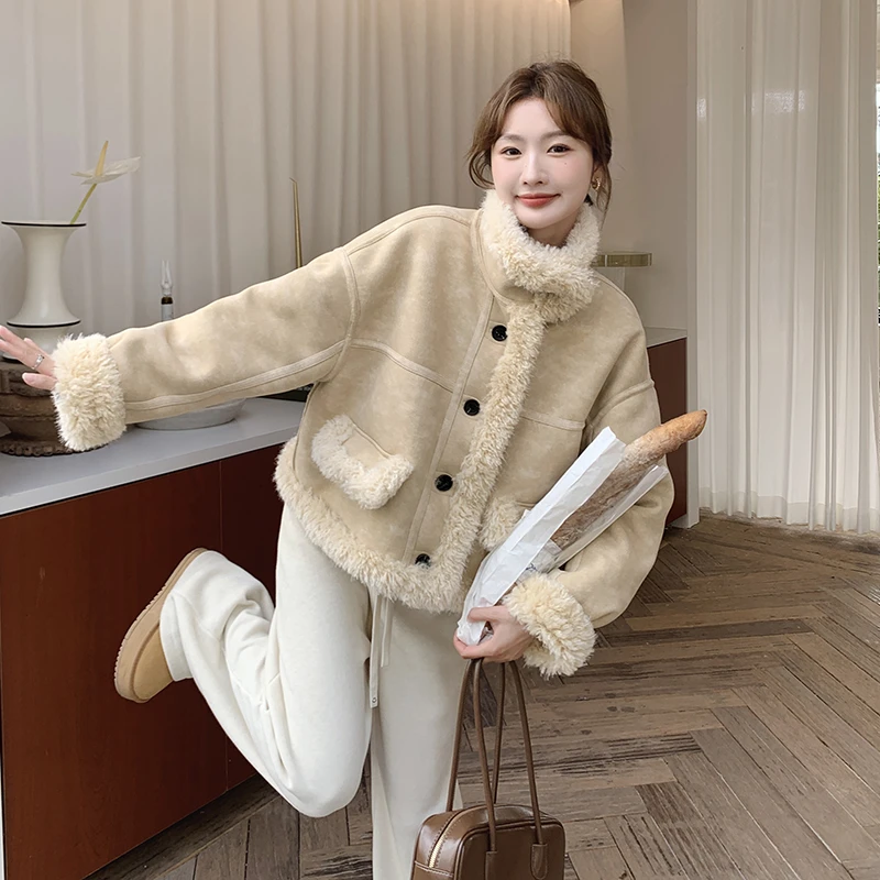 皮毛一体羊羔毛保暖外套女2025冬宽松加厚立领高级感双面穿机车服