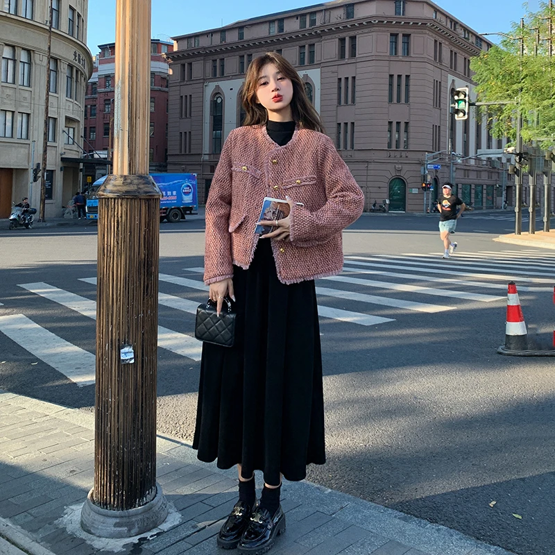 小香风流苏粗花呢外套连衣裙套装女秋季新款法式设计感长裙两件套