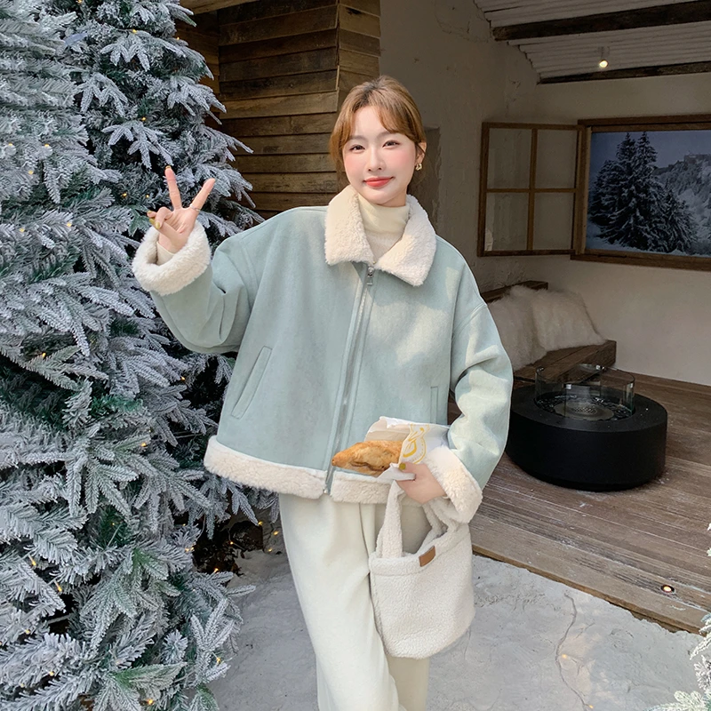 蓝色小个子羊羔毛外套女短款2024冬季新款加厚减龄设计感皮毛一体