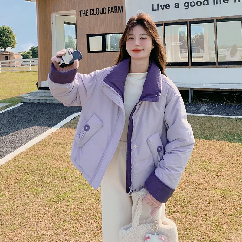 紫色小个子时尚撞色羽绒服女2025冬新款韩版设计感立领白鸭绒外套