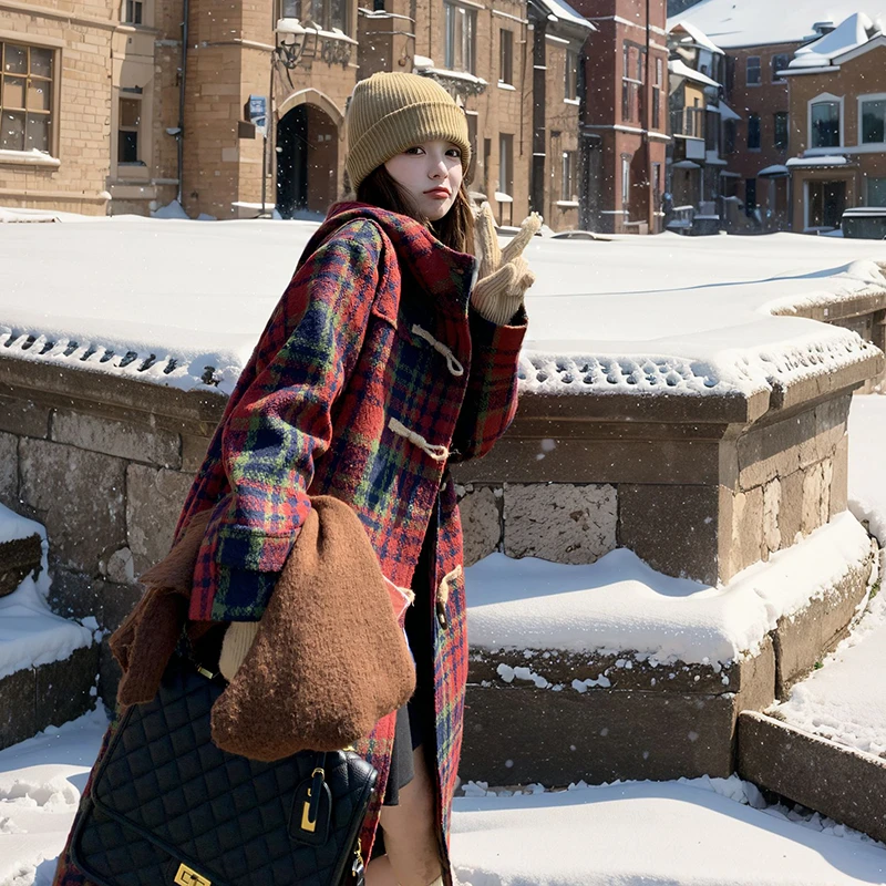 设计感格子连帽休闲长款大衣2024冬季新款复古牛角扣简约显瘦外套