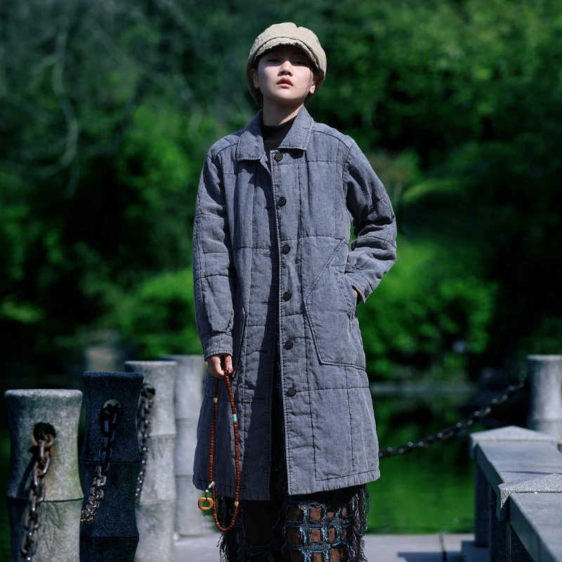 古石后原创布衣棉服女冬季亚麻做旧复古文艺宽松中长款外套棉袄