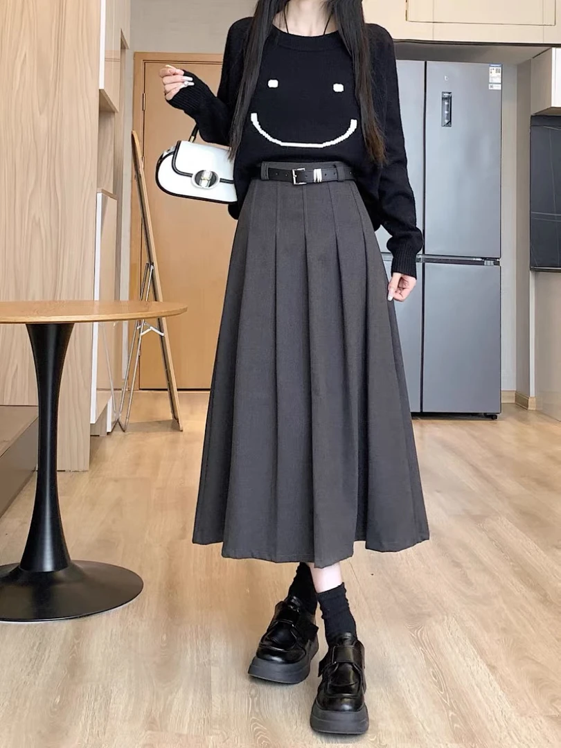 毛呢半身裙女秋冬2025新款加厚中长款百褶裙高腰显瘦垂坠感a字裙