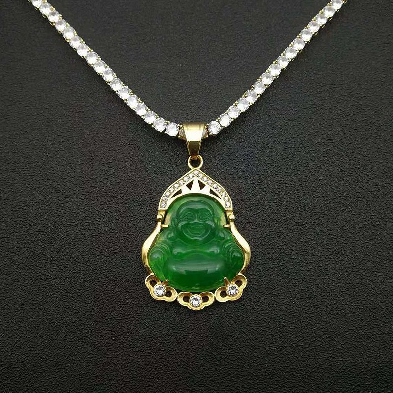 钛钢吊坠 真空镀金水钻树脂玉弥勒佛吊坠项链个性中国风轻奢镶嵌